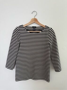 Striped Ann Taylor Petite Boatneck 3/4 Sleeve Top - Black & White